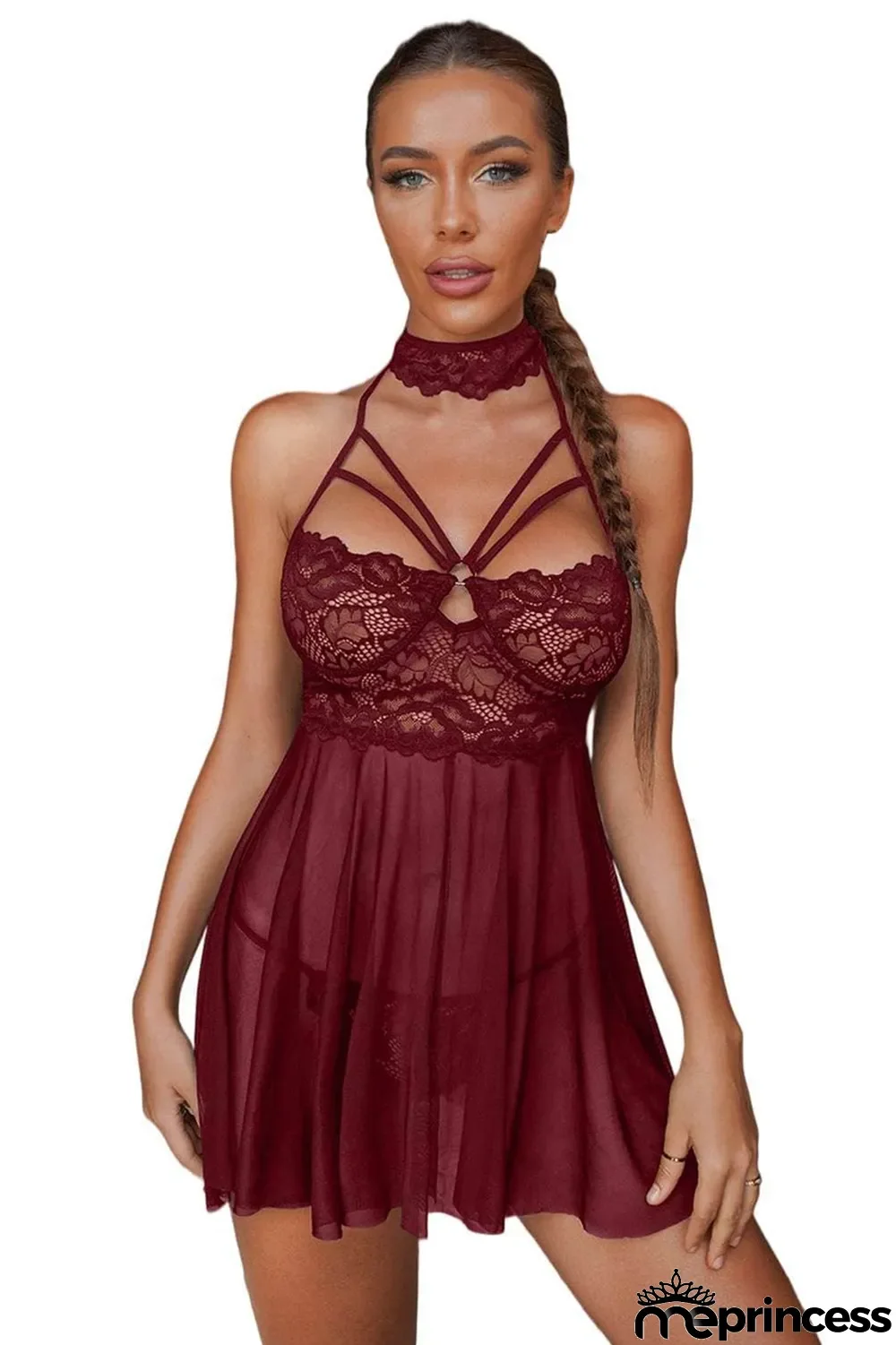 Red Lace Sheer Splicing Strappy Badydoll Set