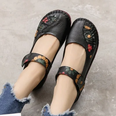 Spring Fashion Flower Design Round Toe Soft Bottom Flat Shoes Vintage Genuine Leather Women Flats Girl Loafer Large Size