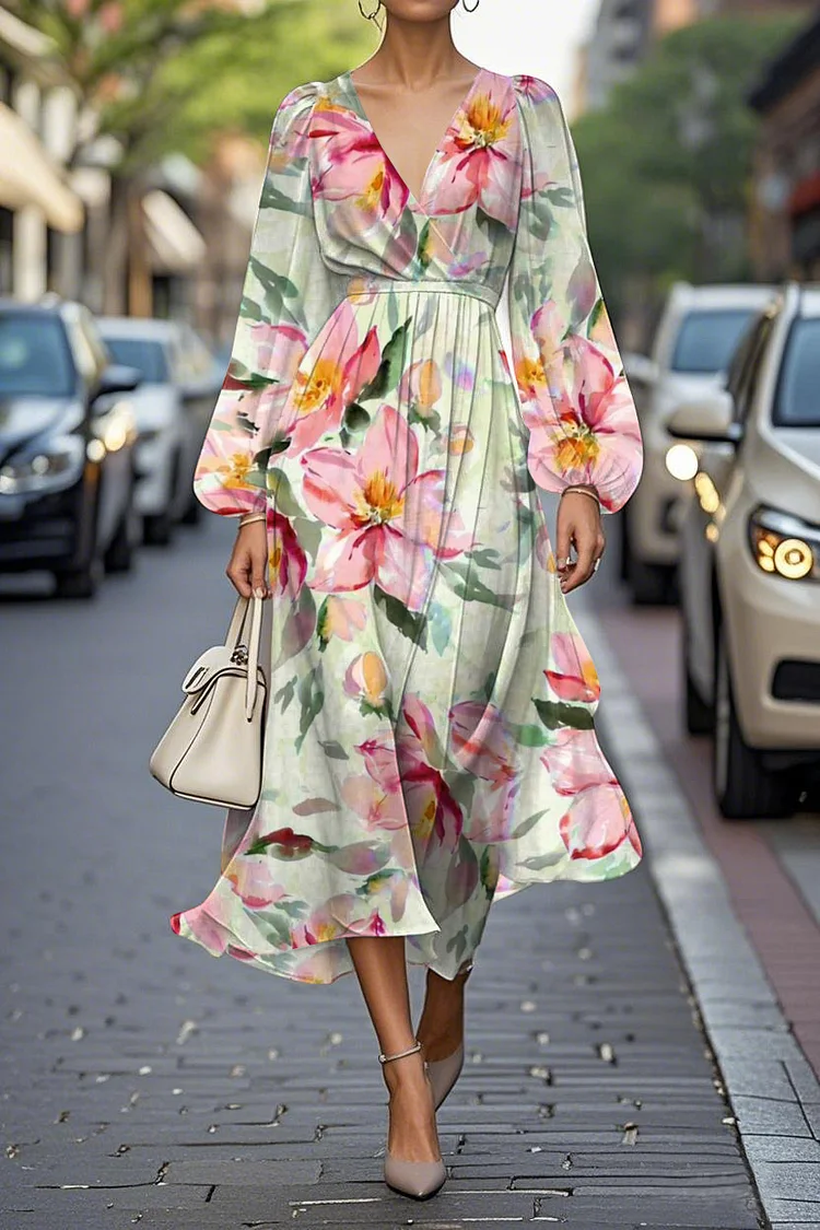 Elegant Floral Print Lantern Sleeve V-Neck A-Line Midi Chiffon Dress