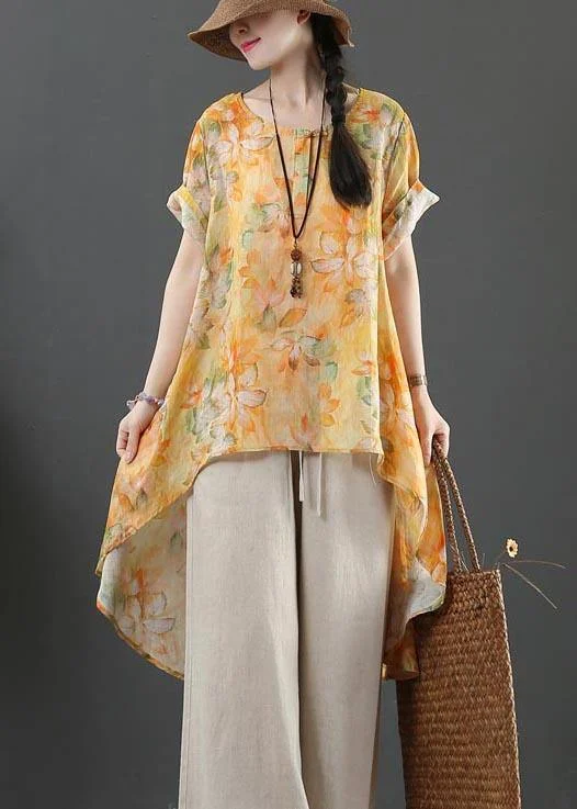 Plus Size Yellow Print Linen low high design Shirt Summer