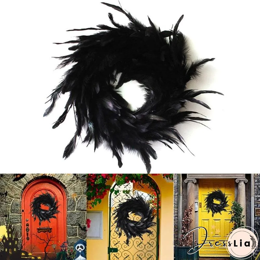 11 Inch Black Natural Cocktail Feather Wreath Halloween Decorations Front Door