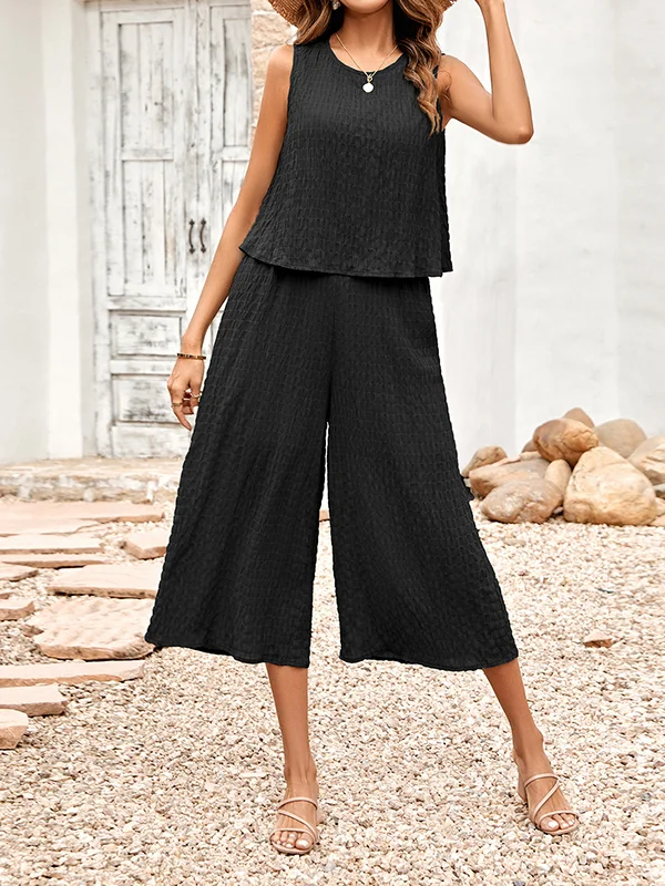 Cropped Sleeveless Pure Color Round-Neck Jumpsuits