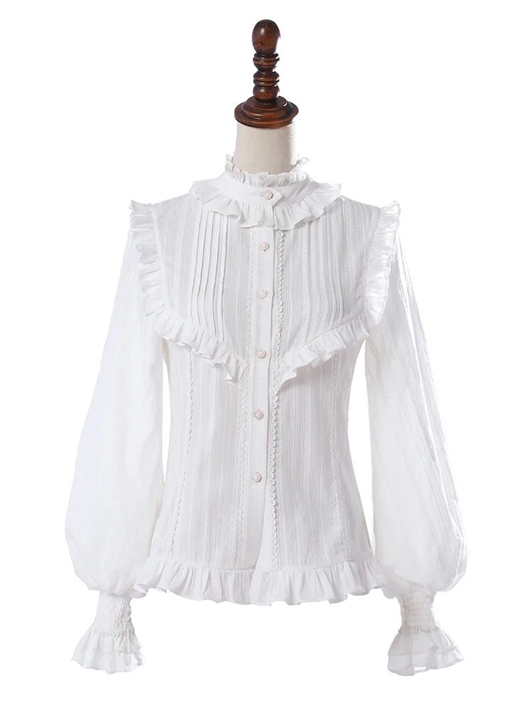 Elegant White Stand Collar Long Bishop Sleeves Lolita Shirt  Novameme
