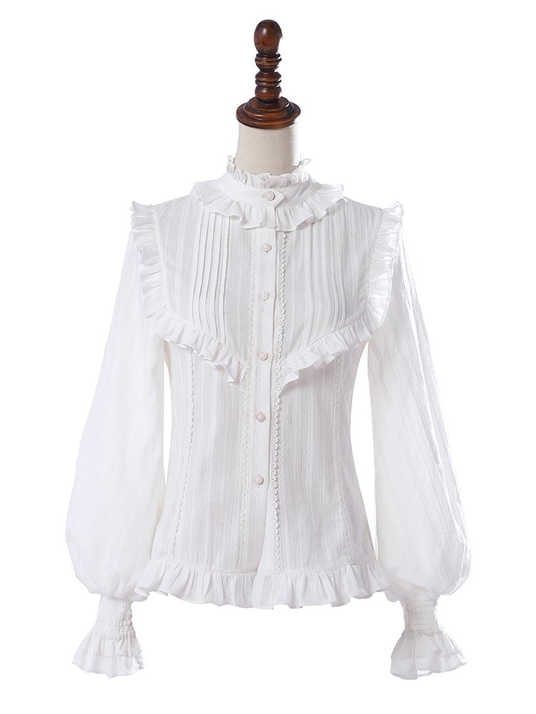 Elegant White Stand Collar Long Bishop Sleeves Lolita Shirt  Novameme