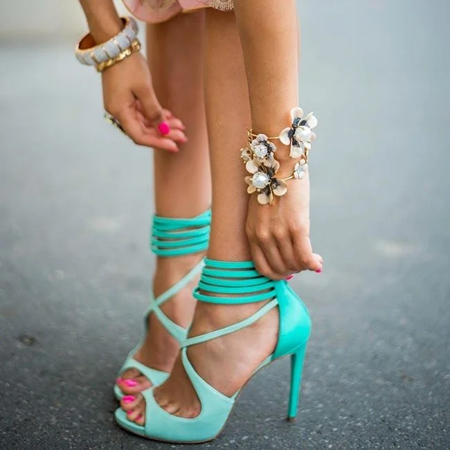 Women's Turquoise Cross Ankle Strap Sandals Peep Toe Stiletto Heels |FSJ Shoes