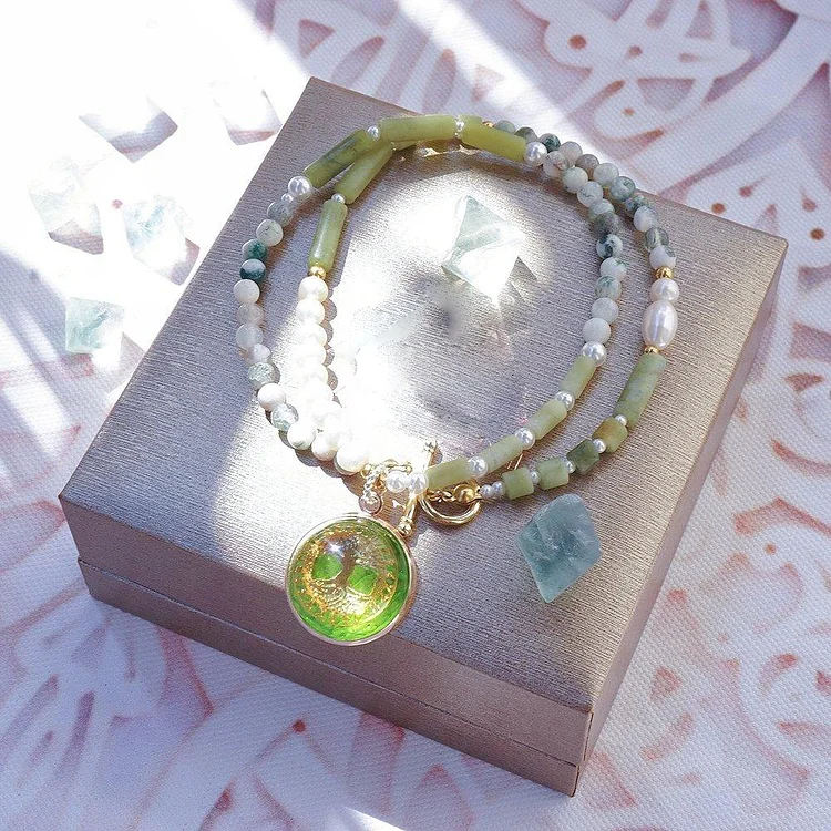 Olivenorma Peridot Pearl Tree Of Life Necklace Bracelet Jewelry Set
