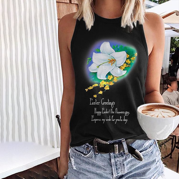 Comstylish Vintage Easter Lily Greetings Print Tank Top