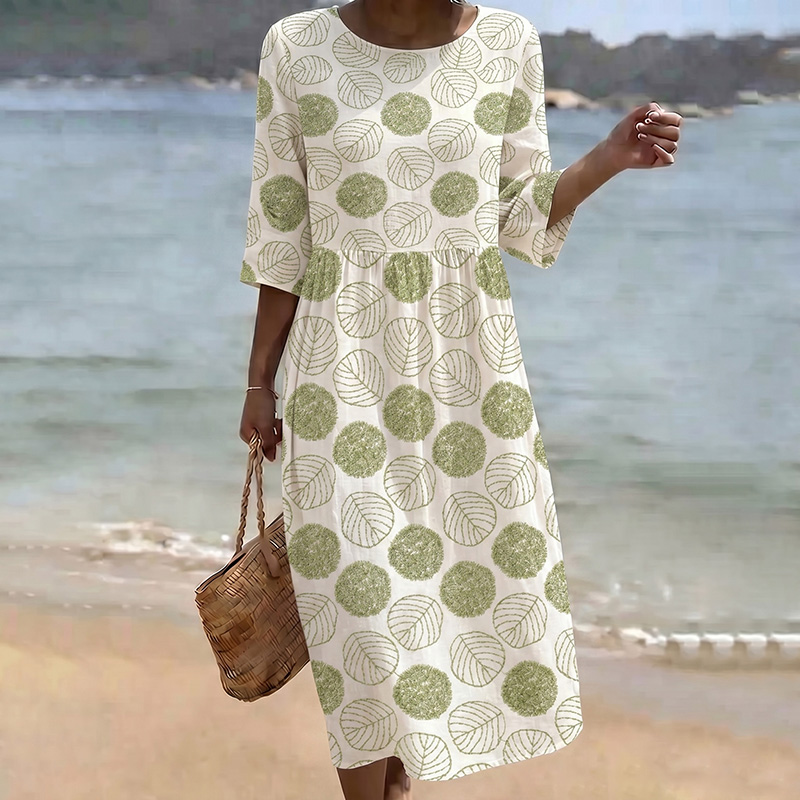 Comstylish Women's Leaf Pattern Crew Neck Linen Blend Midi Dress