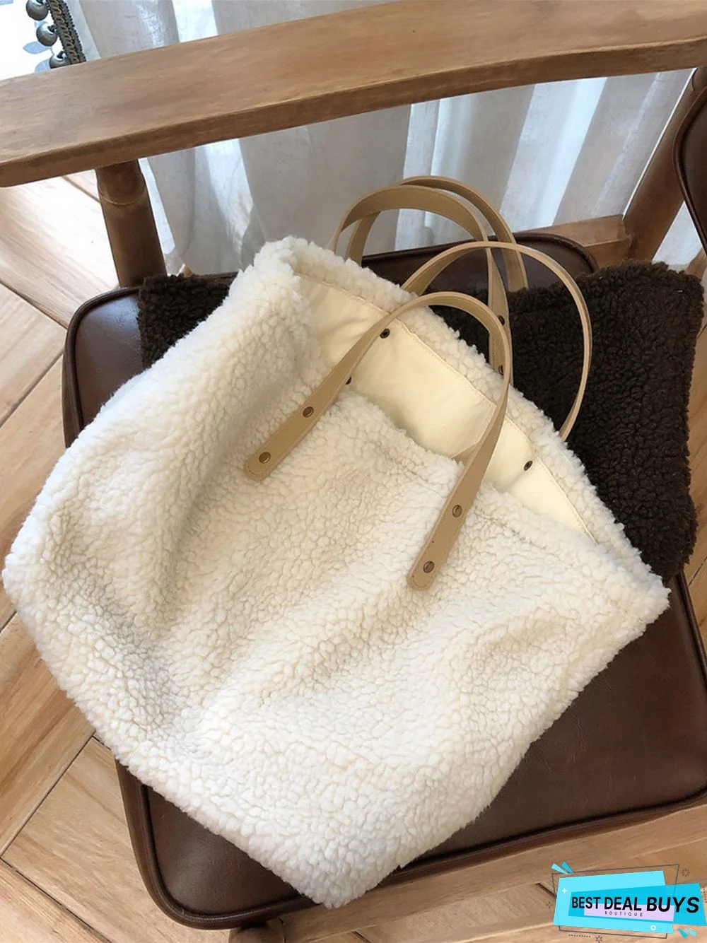 Pure Color Lambswool Large Capacity Handbag