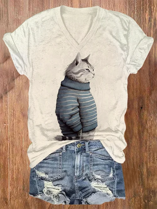 Women's Cat In Striped Clothes Graphic Print V Neck T-Shirt
