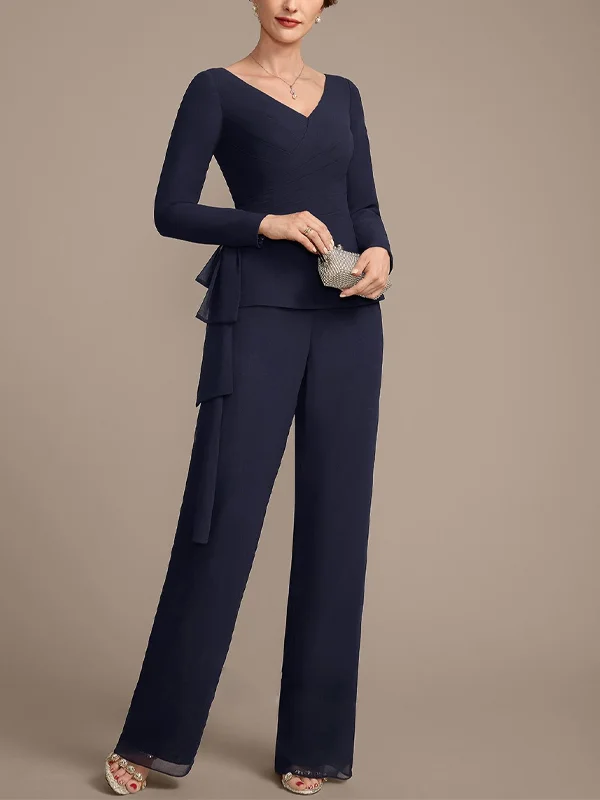 V-Neck Solid Color Top And Trousers Suit