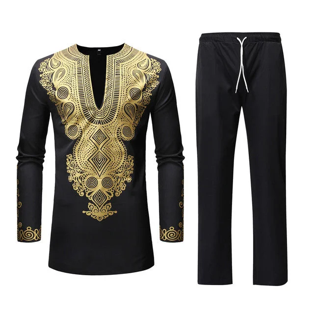 V-neck geometric print black and gold luxury casual men's robe two pieces