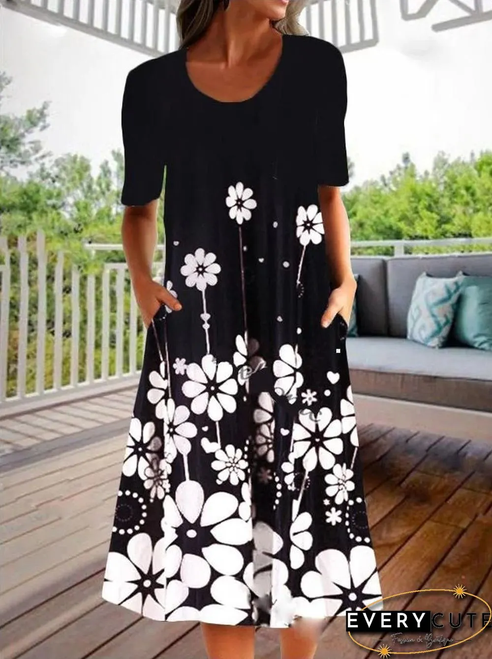 Fashion Personality Retro Floral Print Half Sleeve Dress Black Dresses