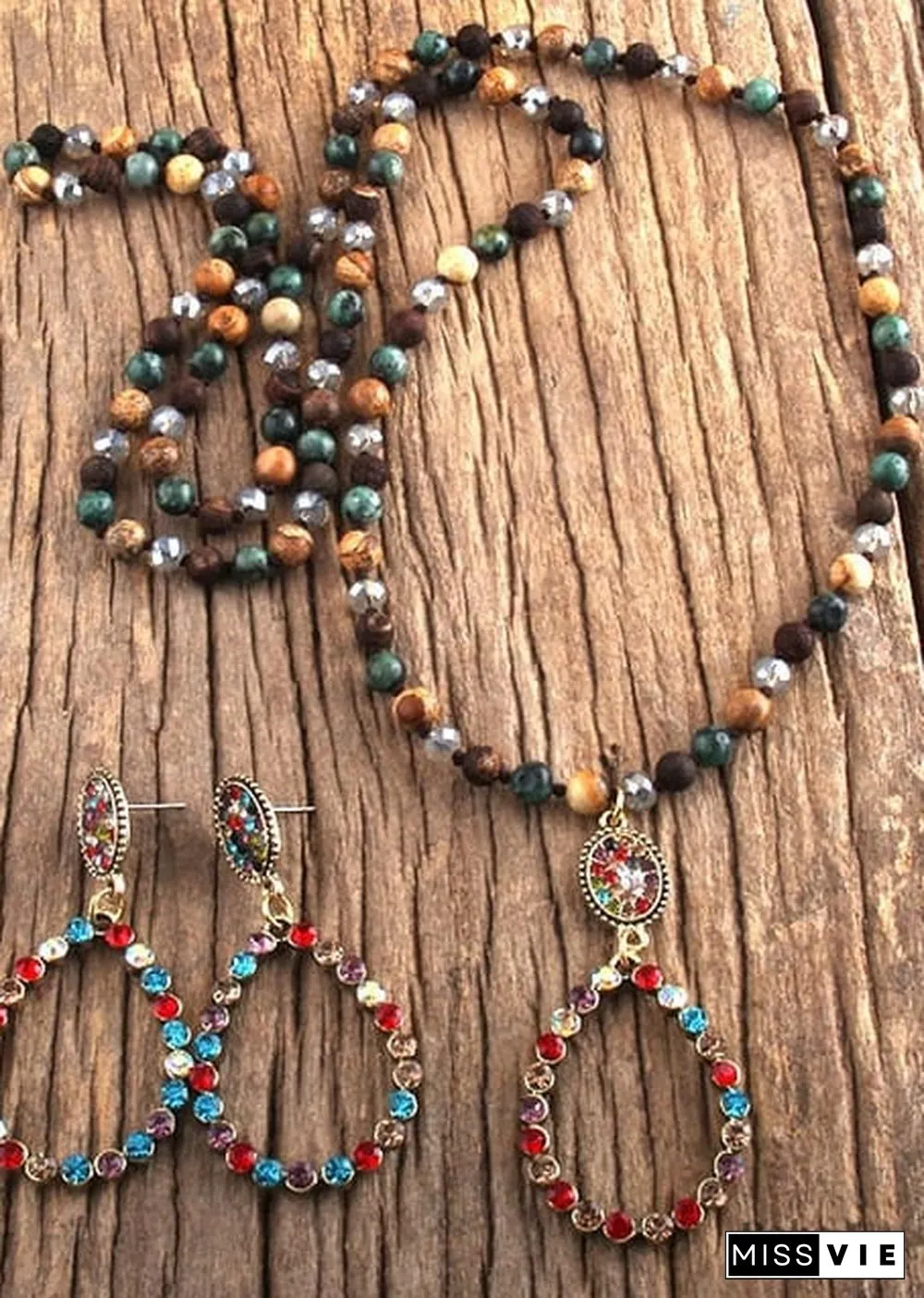 Boho Necklace, Jewelry Set, RH Amazonite Crystal Green Black Natural Stone