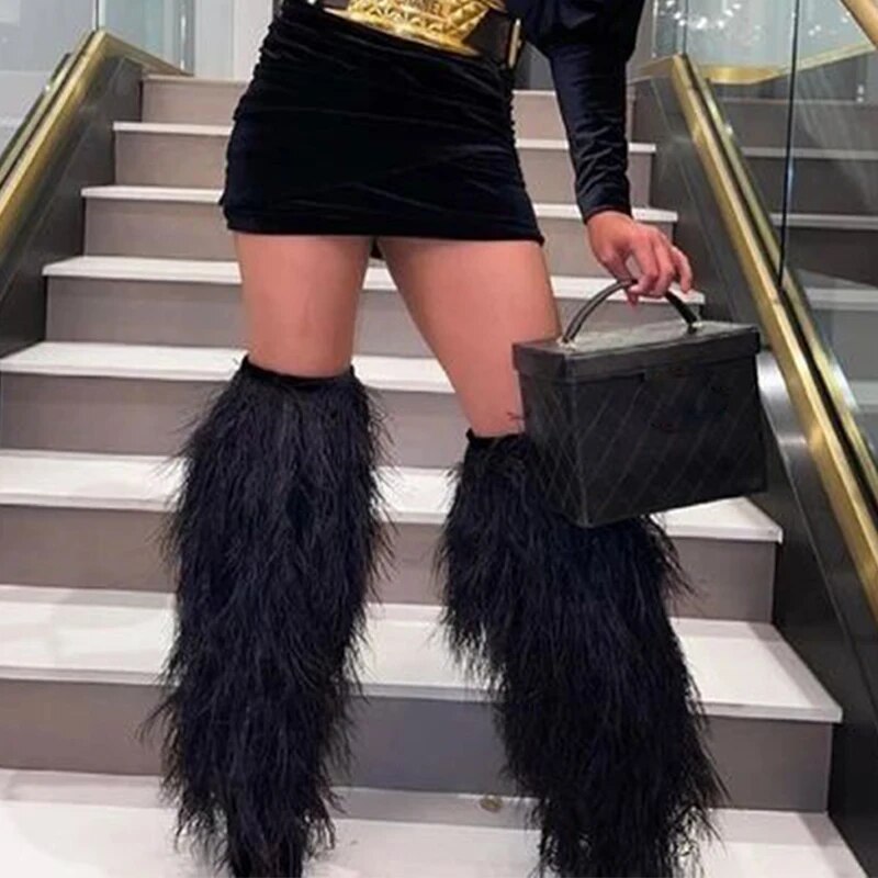 VCSHOES Black Hair Pointed Toe Boots Woman Side Zipper Stiletto Over The Knee Boots Shoes For Women