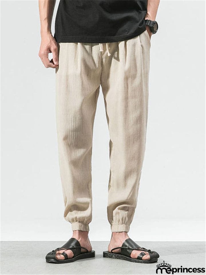 Men Cotton Linen Lightweight Drawstring Pants