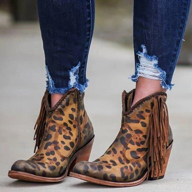 Leopard Tassel Low Heel Boots