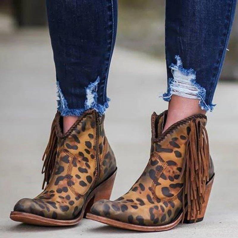 Leopard Tassel Low Heel Boots | EGEMISS