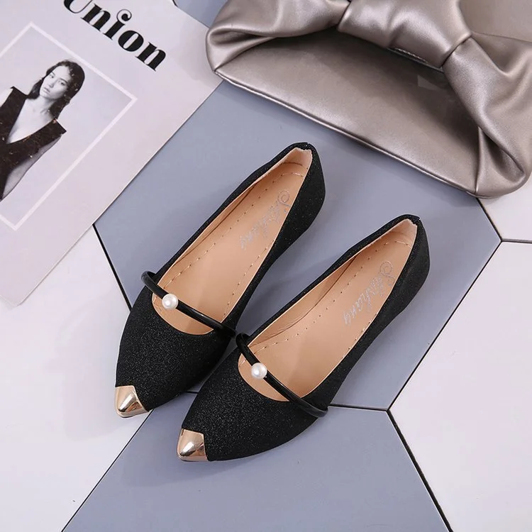 Wongn Wongn Summer Autumn New Pointed Low Heel Pearl Single Shoes Female British Flat Bottom Student Shallow Mouth Women's Shoes
