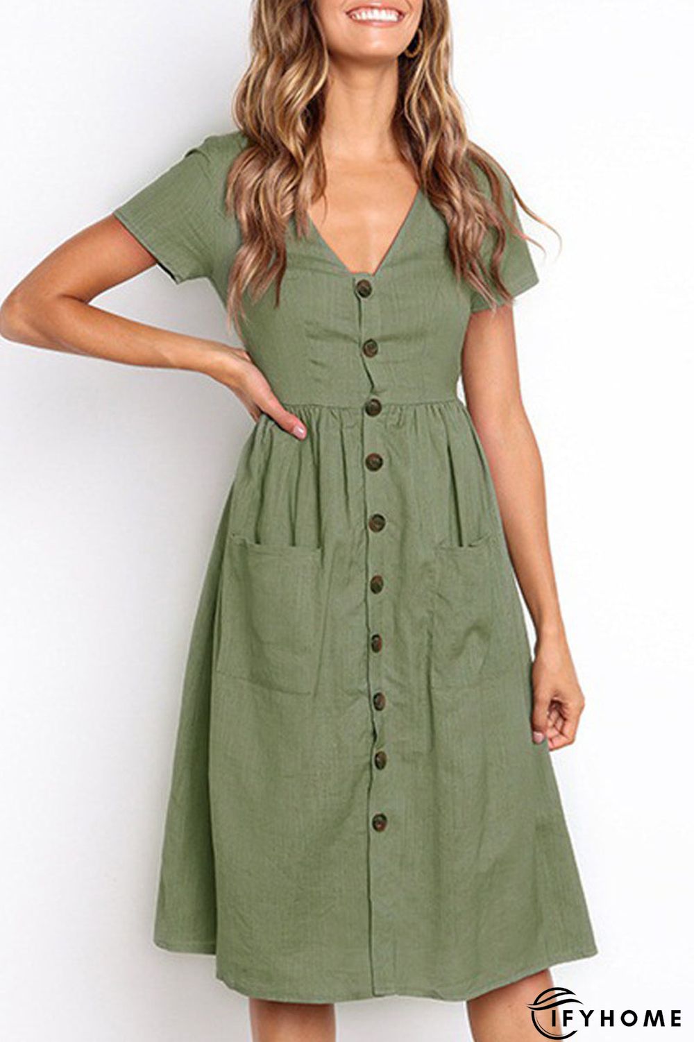 V-Neck Button Pocket Short Sleeve Midi Dress | IFYHOME