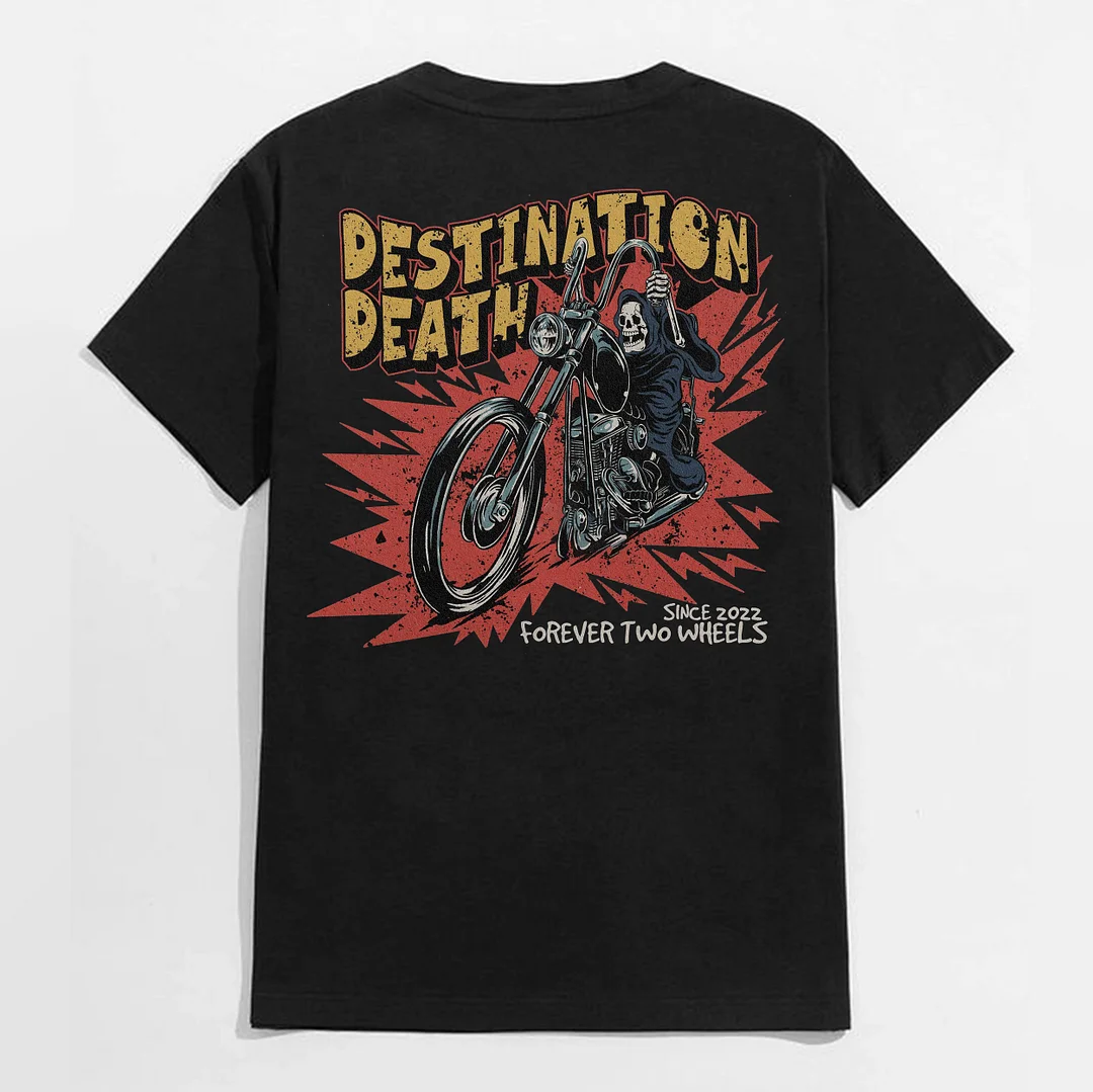 DESTINATION DEATH Skull Riding Black Print T-Shirt