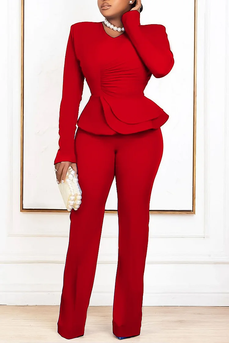 V Neck Long Sleeve Ruched A-Line Ruffled Top Straight Leg Pants Matching Set-Red