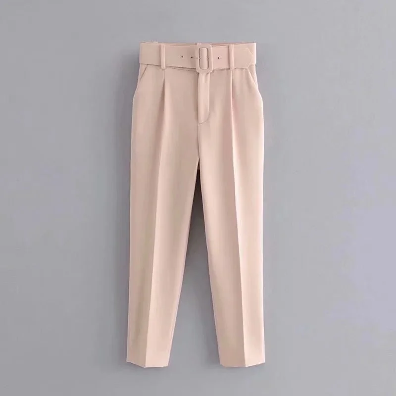 Za Women's With Belt Pant Pink High Waist Harem Pant Female Solid Office Ladies Trousers Purple Pockets Casual Streetwear Summer