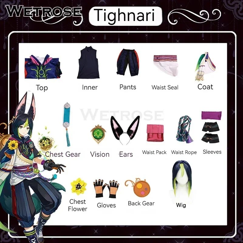 [Wetrose] Tighnari SSR Cosplay Costume Genshin Impact Sumeru Fox Тигнари Tainari Tinari Full Set Wig Ear Tail Halloween