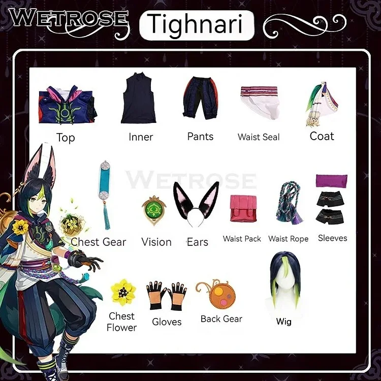 【Wetrose】Tighnari SSR Cosplay Costume Genshin Impact Sumeru Fox Тигнари Tainari Tinari Full Set Wig Ear Tail Halloween