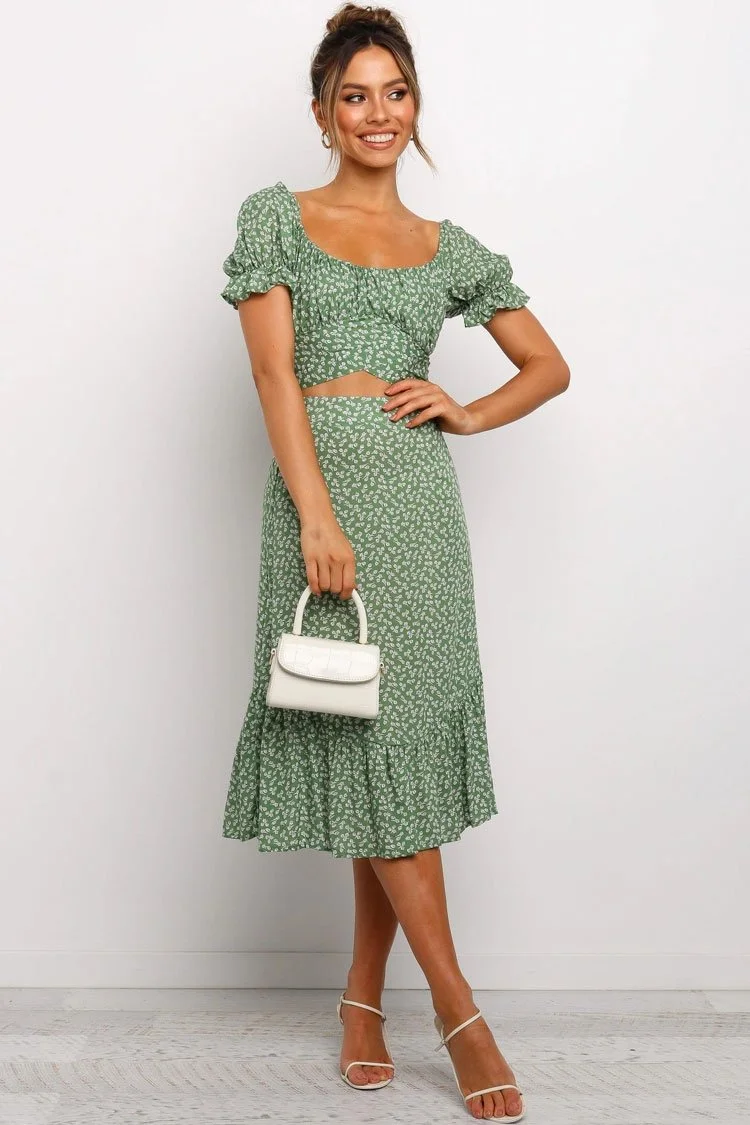 Mini Floral Sleeved Tie Back Top with Midi Skirt-elleschic