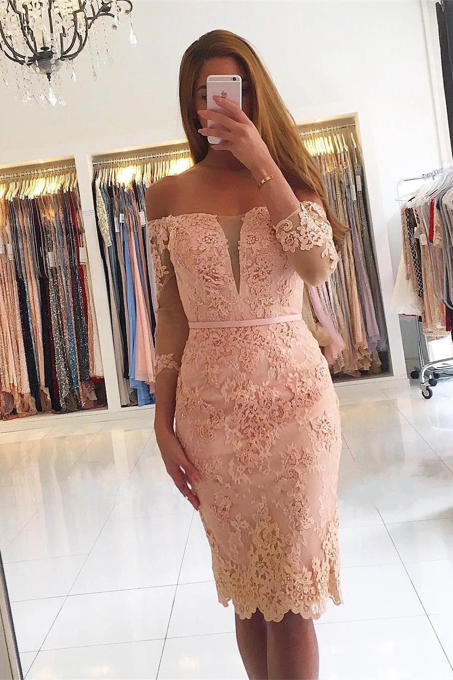 Luluslly Off-the-Shoulder Long Sleeves Short Prom Dress Sheath Lace Appliques