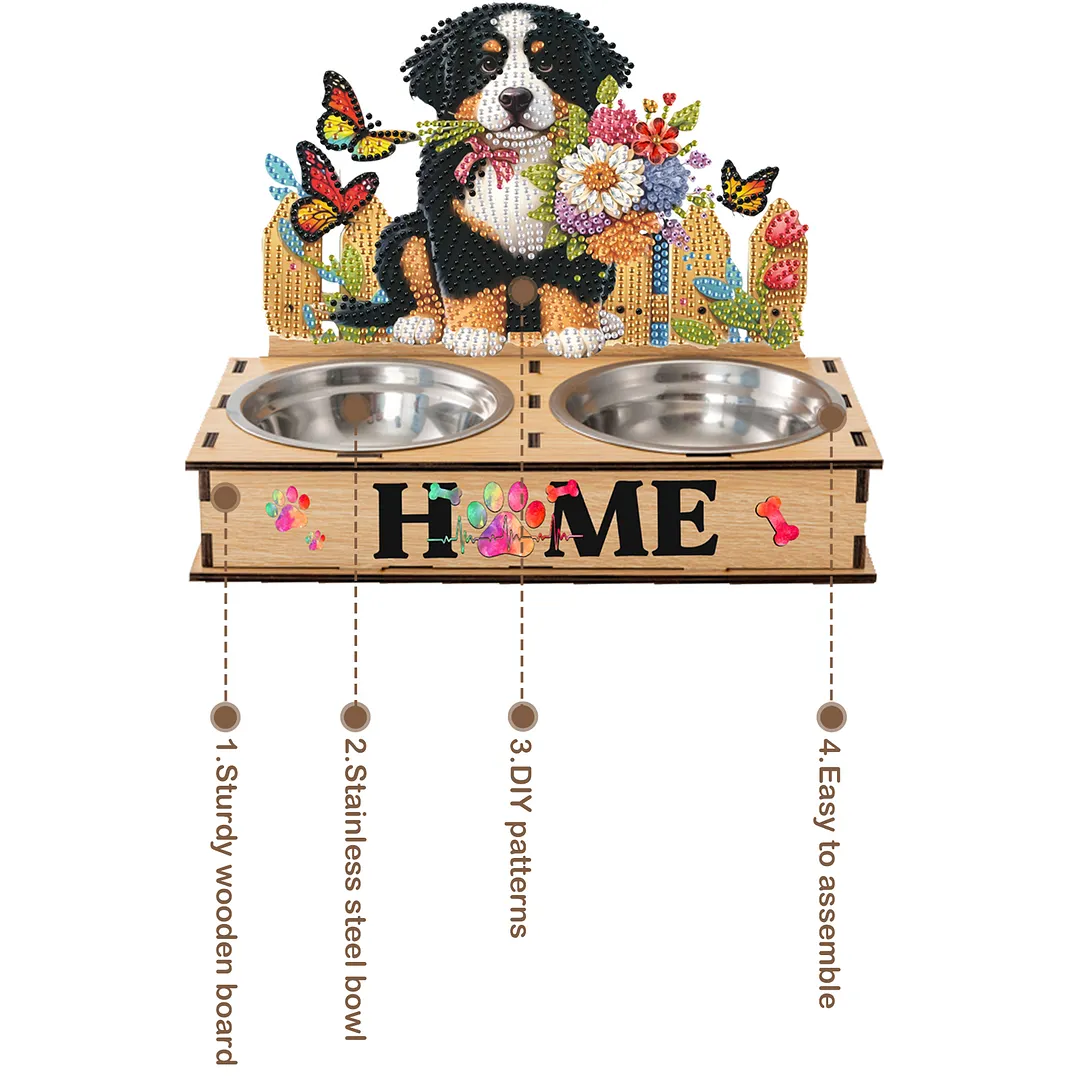 Diamond Painting Food Bowl with Wood Stand Diamond Art Dog Bowl for Small Dogs