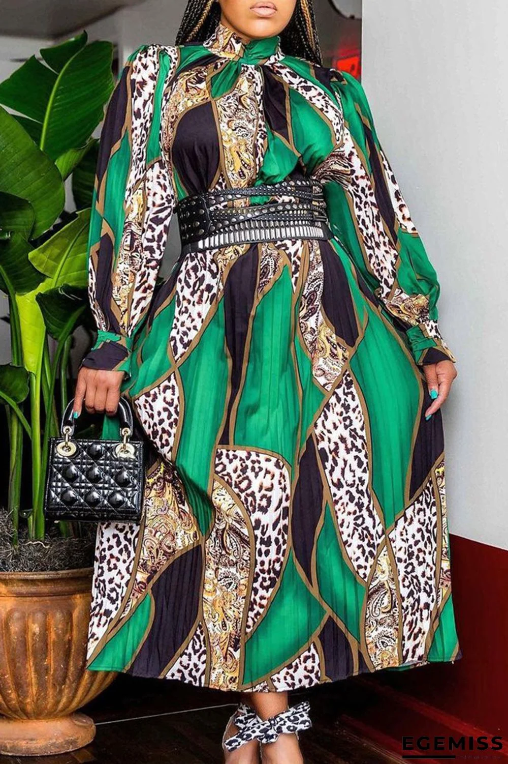 Green Fashion Casual Print Basic Turtleneck Long Sleeve Dresses (Without Belt) | EGEMISS