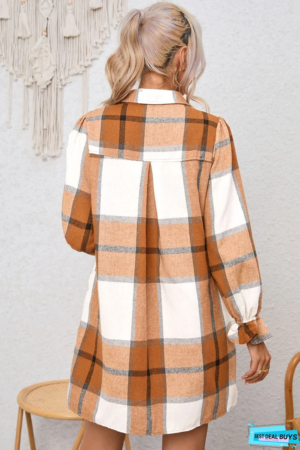 Plaid Collared Neck Flounce Sleeve Shirt Dress