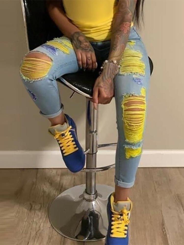 Colorblock Ripped Cutout Casual Jeans