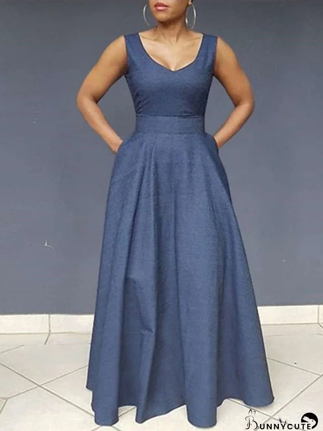 Denim Dress Casual Dress Swing Dress Maxi long Dress Denim Fashion Elegant Outdoor Daily Crew Neck Ruched Pocket Sleeveless Summer Spring Regular Fit Black Blue Plain S M L XL 2XL for Women
