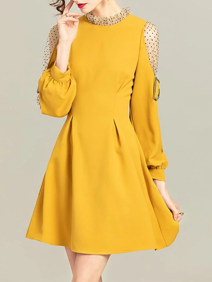 Elegant Net Yarn Flocking Bow Lantern Sleeve Dress