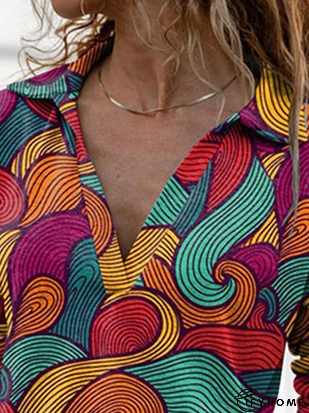 Vintage Multicolor Geometric Printed V Neck Long Sleeve Casual Top | IFYHOME