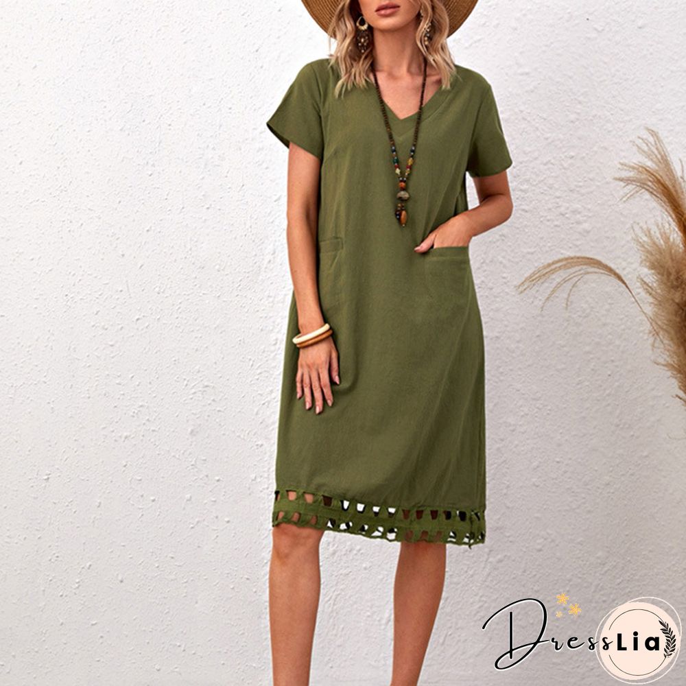 Fashionable And Versatile V-neck Short Sleeve Slim Solid Cotton Linen Dress