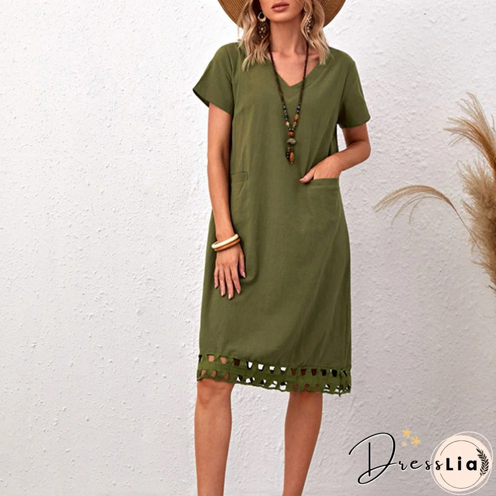 Fashionable And Versatile V-neck Short Sleeve Slim Solid Cotton Linen Dress