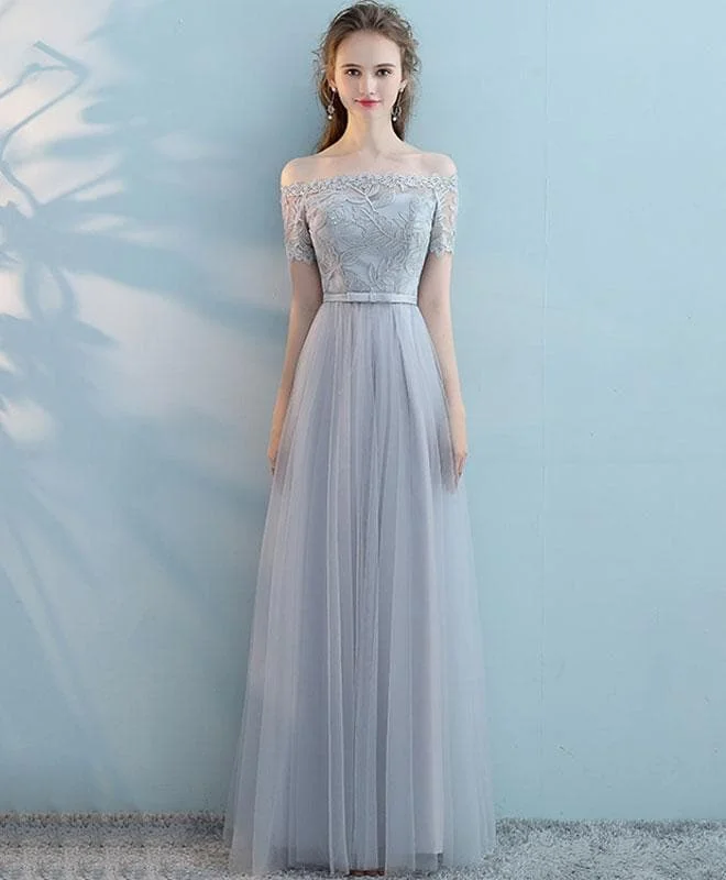 Gray Tulle Lace Long Prom Dress, Gray Tulle Bridesmaid Dress