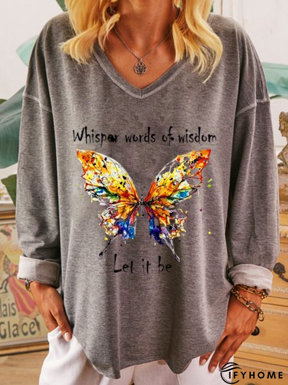V Neck Letter Casual Cotton Tunic Sweatshirt | IFYHOME