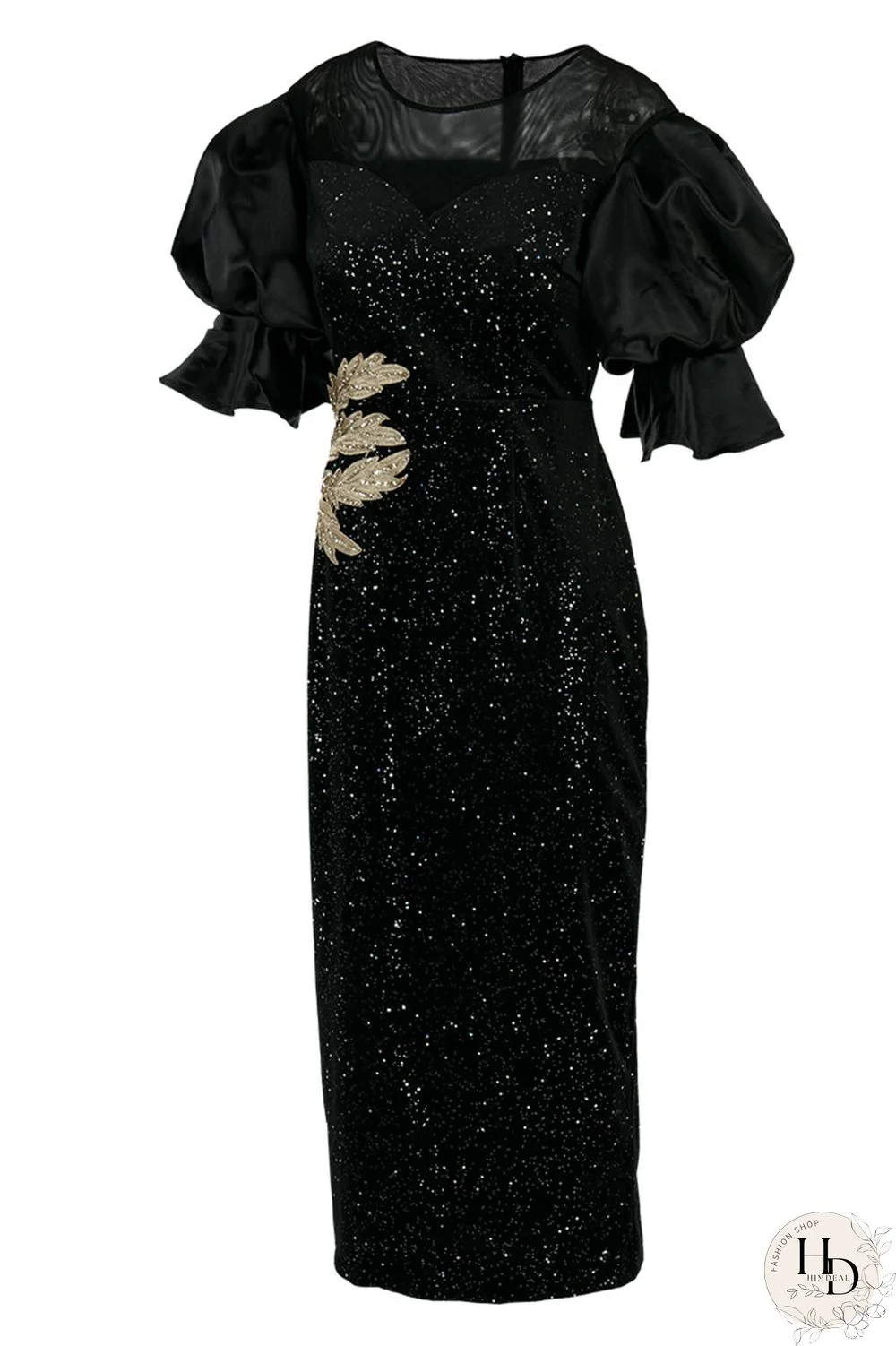 Black Casual Elegant Print Embroidered Split Joint O Neck One Step Skirt Dresses