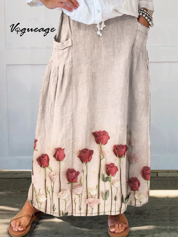 Simple Bright Roses Printed Women's Casual Cotton And Linen Skirt