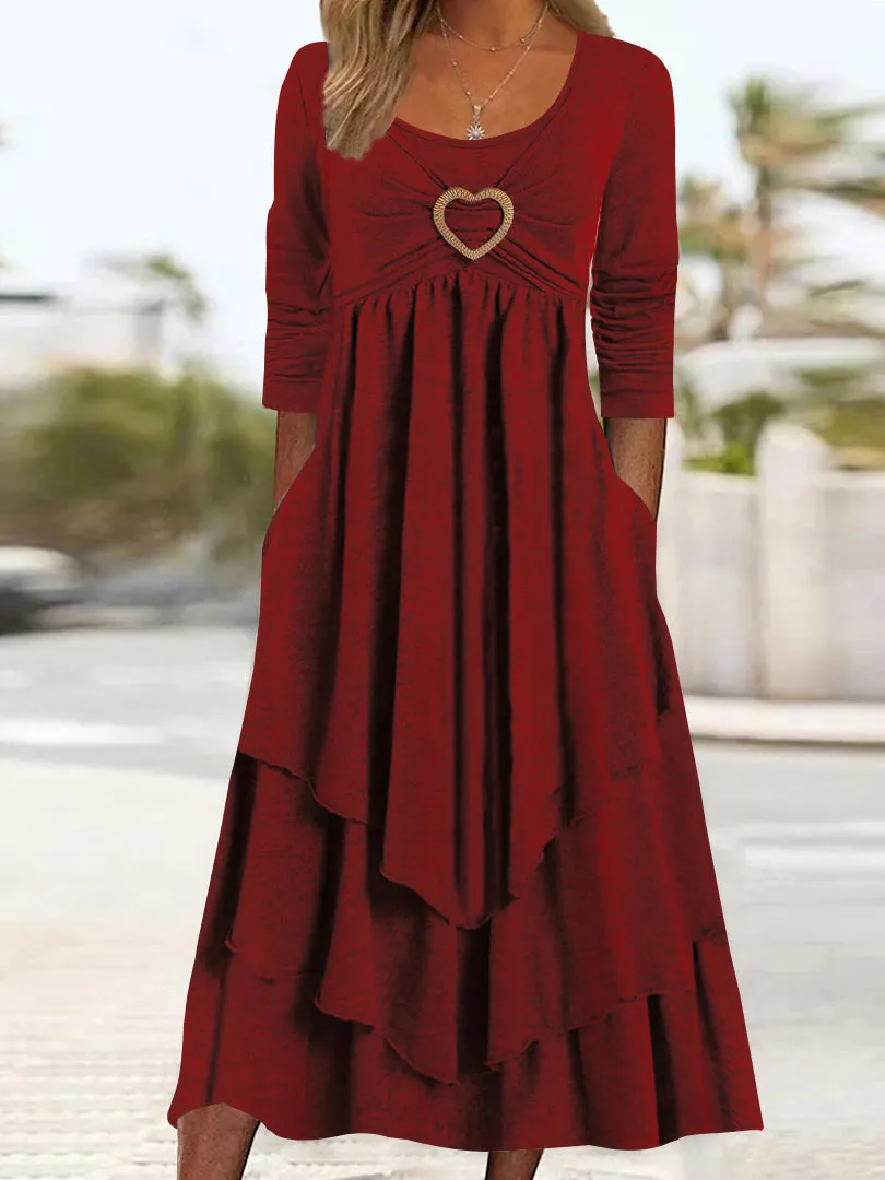 Women's Plain Regular Fit Crew Neck Pockets Casual Midi Dress
