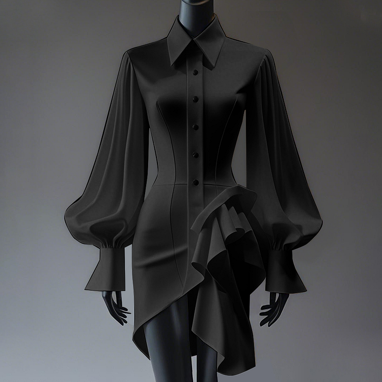 Ursime Button Lantern Sleeve Irregular Hem Shirt Mini Dress