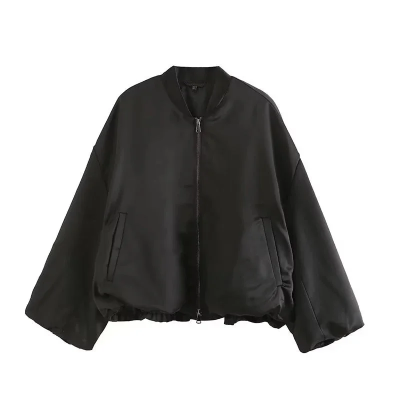Tlbang 2024 Women Oversize Crop Bomber Jacket Coat Vintage Puff Sleeve Zipper Female Short Outerwear Chic Tops