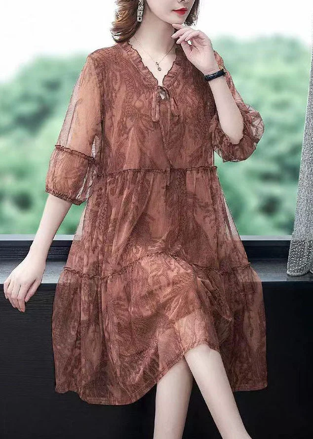 Coffee Patchwork Tulle Dress Ruffled Lace Up Summer