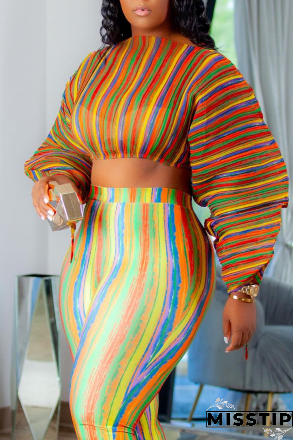 Lake Blue Sexy Striped Patchwork Half A Turtleneck Long Sleeve Two Pieces