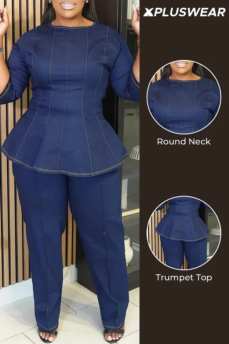Plus Size Business Casual Blue Round Neck Half Sleeve Pocket Elegant Two Piece Pant Sets [Pre-Order]